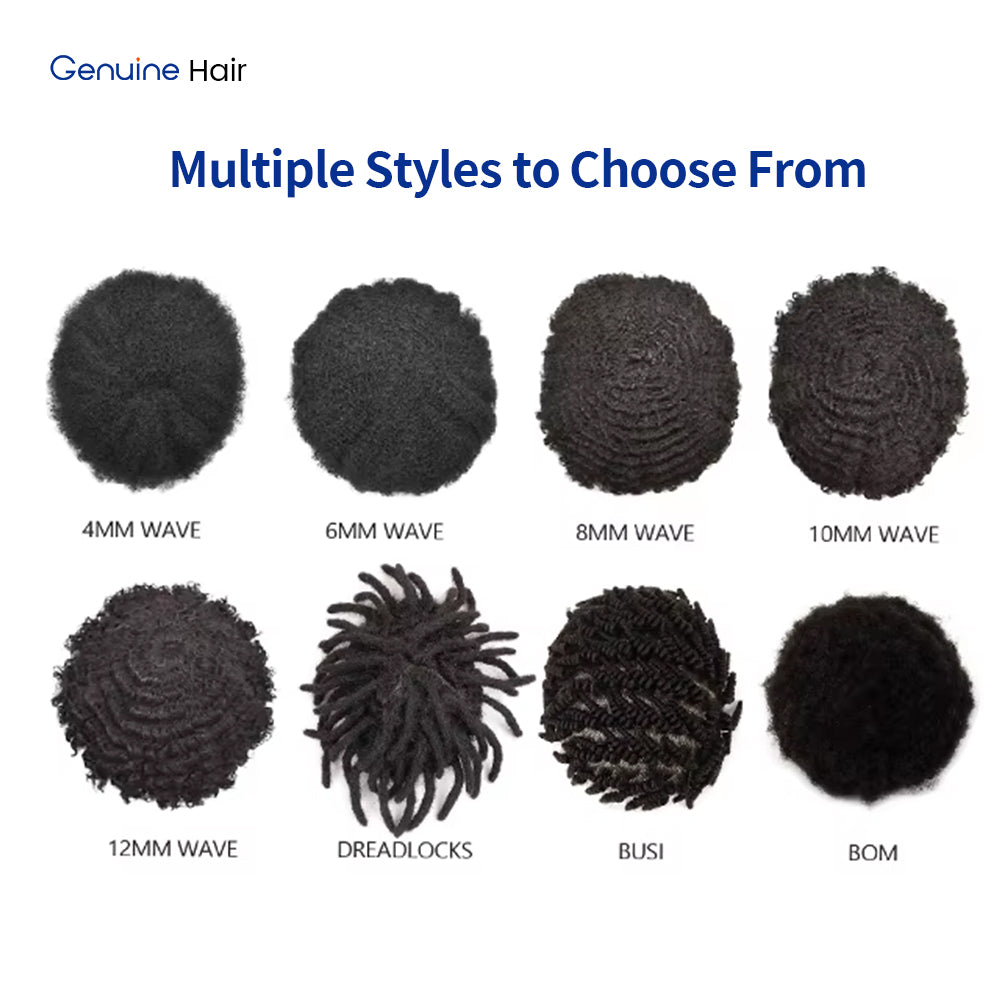 Knotless V-Loop Hairline Afro Curly Toupee Black Men 0.08mm Poly Base Wigs Natural #1B Indian Remy Human Hair System