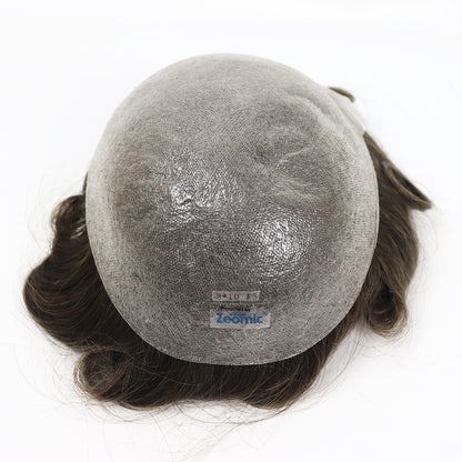 Underside view of the all-PU hair system with Zeomic™ material label