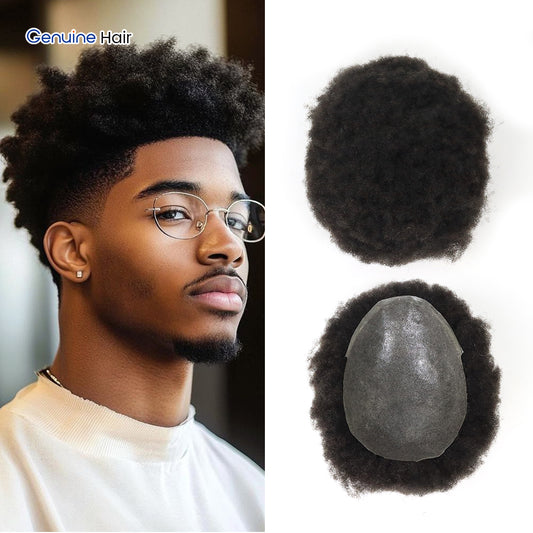 Knotless V-Loop Hairline Afro Curly Toupee Black Men 0.08mm Poly Base Wigs Natural #1B Indian Remy Human Hair System