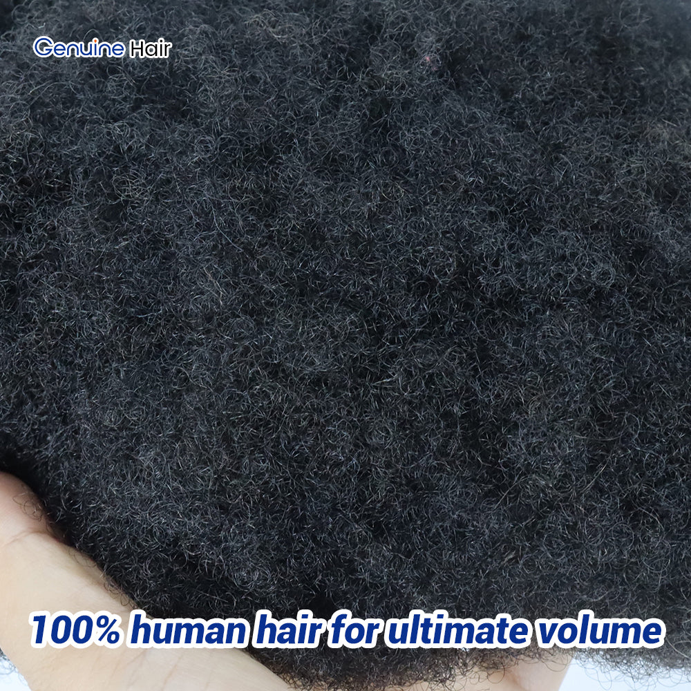 Knotless V-Loop Hairline Afro Curly Toupee Black Men 0.08mm Poly Base Wigs Natural #1B Indian Remy Human Hair System