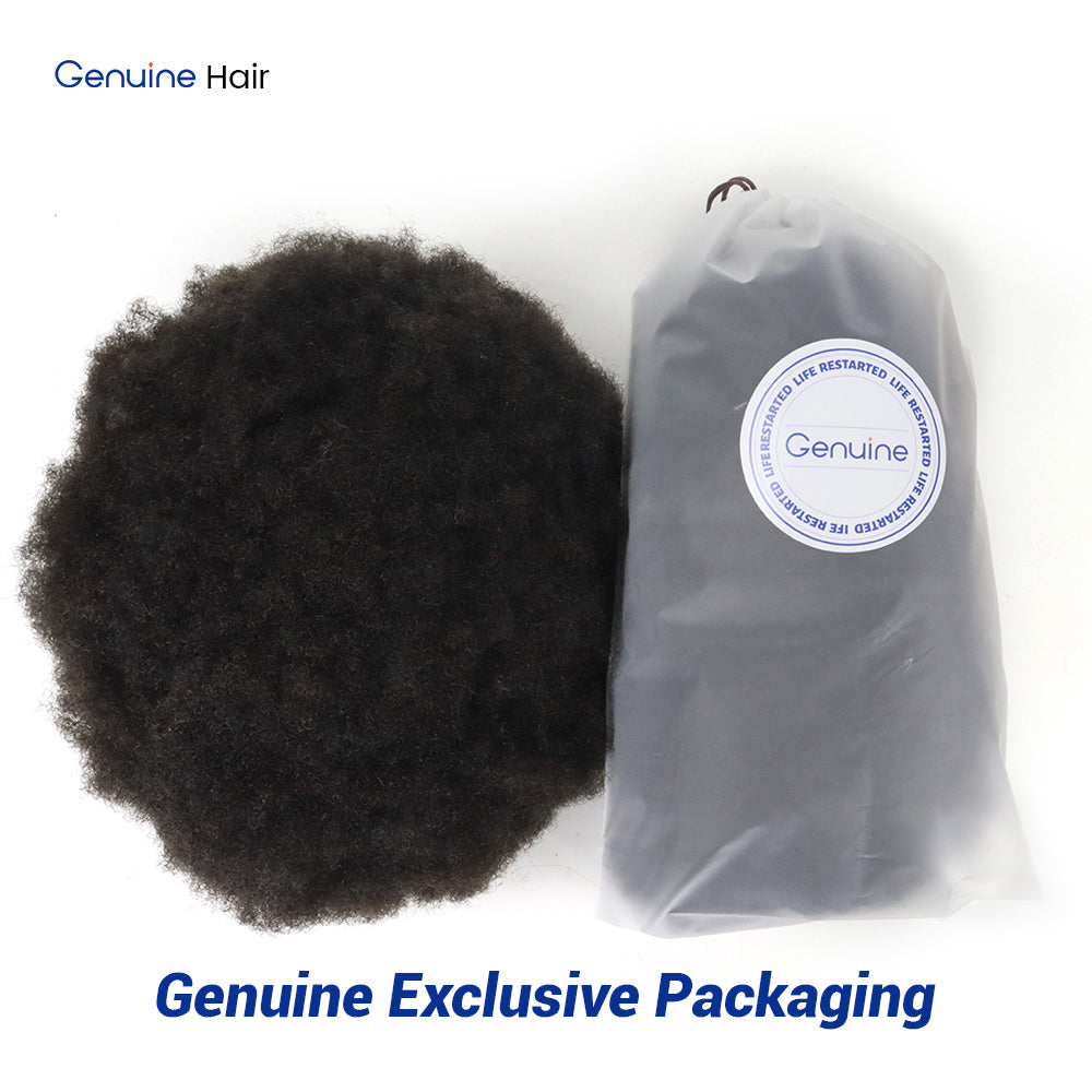 Knotless V-Loop Hairline Afro Curly Toupee Black Men 0.08mm Poly Base Wigs Natural #1B Indian Remy Human Hair System
