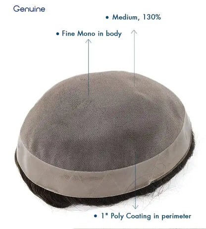 Genuine Hair | Duro Mono Elite | The Ultimate Durability System | Heavy-Duty Fine Mono Base | 1" Reinforced Poly Perimeter | 6-12 Months Long-Life Men’s Toupee - Fine Mono Men's Toupee, Durable Hair System, Long-lasting Base - Detail View 3