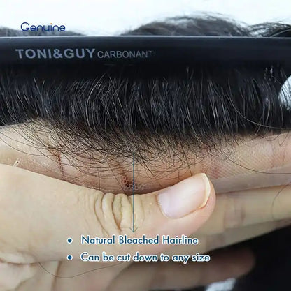Genuine Hair | G6 Hair System Skin Lace Toupee for Men Q6 Swiss Lace Center with Poly Strip sides and back - Thin Skin Men's Toupee, Poly Base Hair System, Natural V-loop - Detail View 5